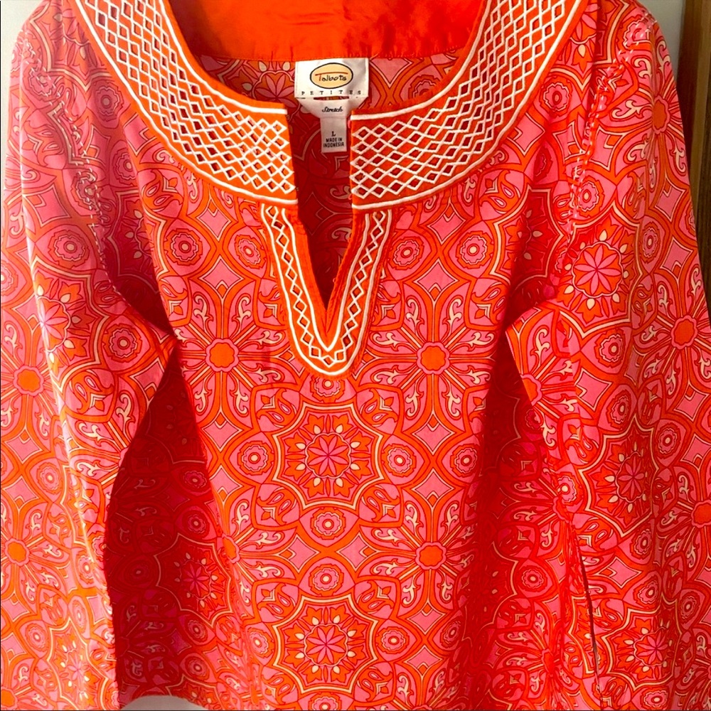 Talbots Pink and Orange Printed Tunic with White Trim